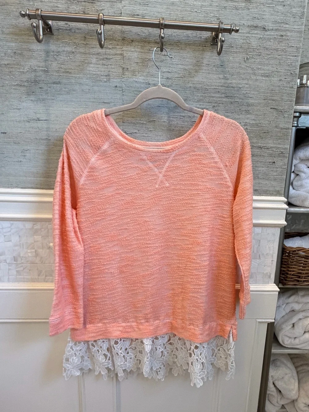 Anthropologie Sunday in Brooklyn lace hem sweater peach pull over top medium